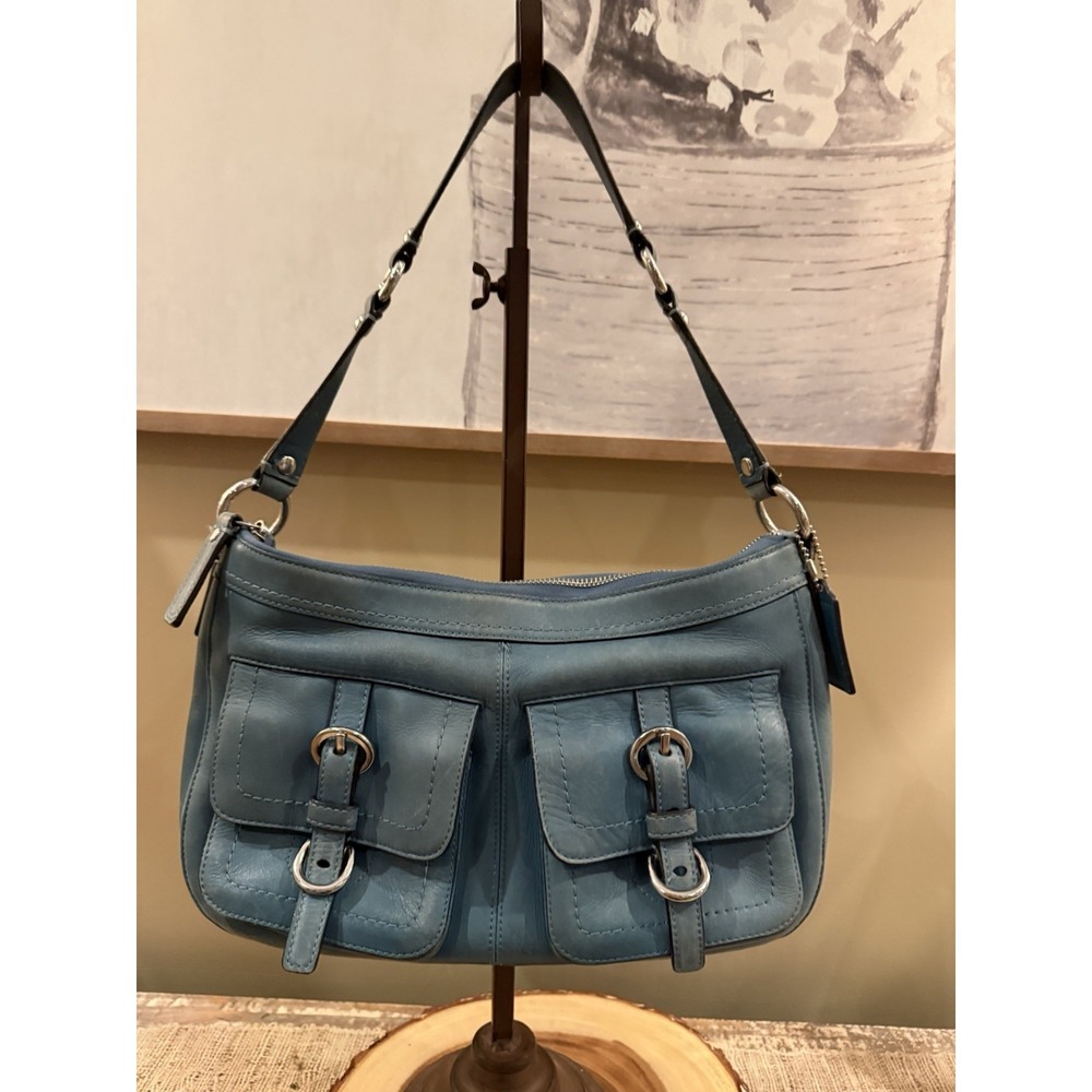 Vintage Y2K Coach Leather Chelsea flap pocket Shoulder Bag turquoise RARE F14014 - Picture 1 of 16
